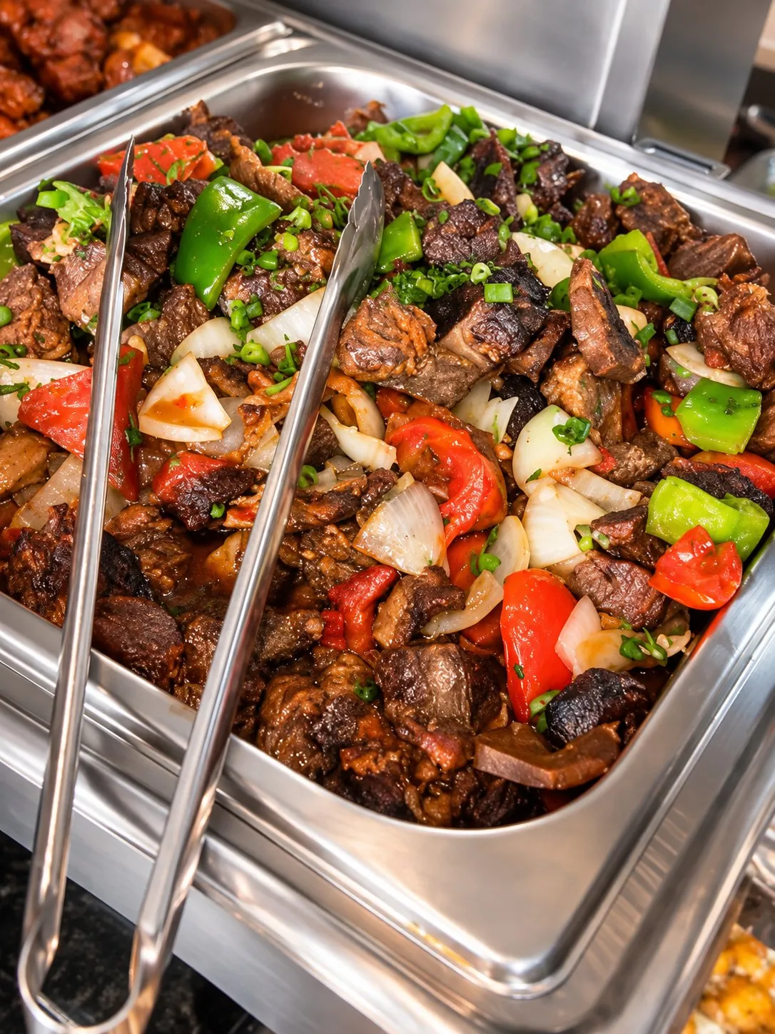 Carne com cebola e pimentões no buffet da Casa da Sogra