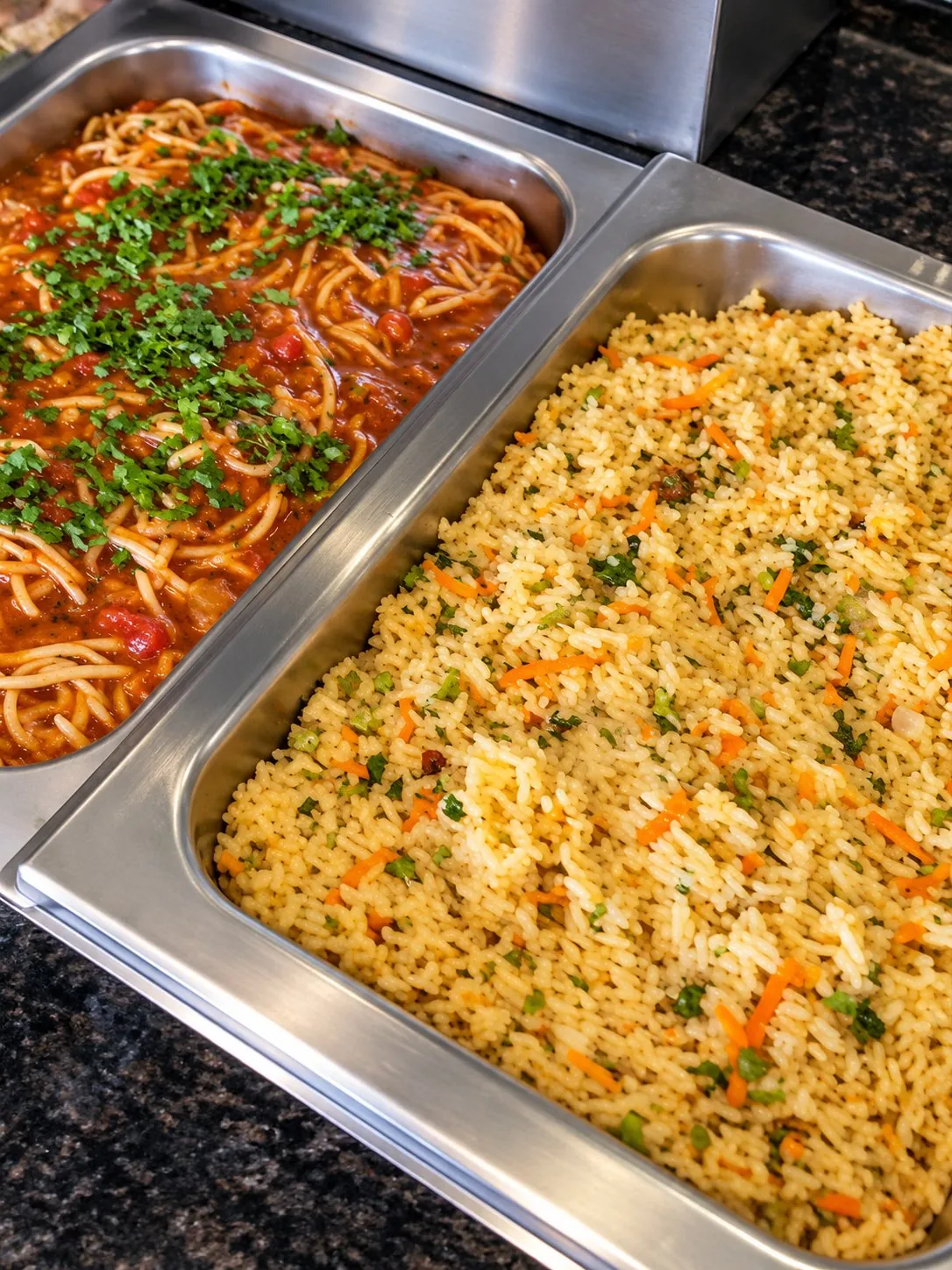 Arroz temperado e massa ao molho no buffet da Casa da Sogra